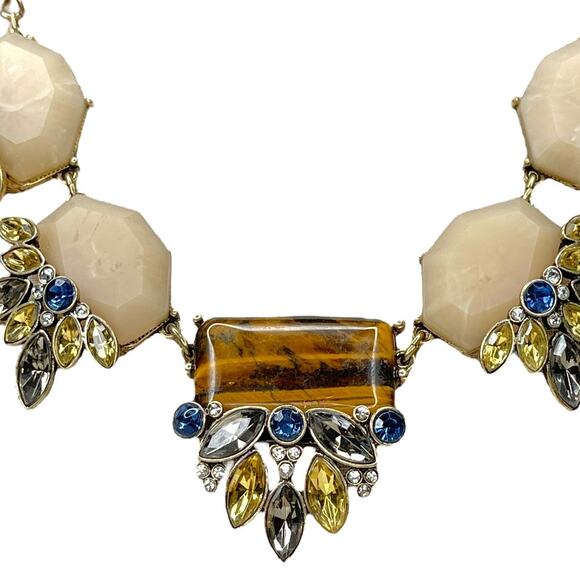 Statement Necklace Faux Stone, Tiger Eye and Rhinestones With Gold Tone Chain - Picture 5 of 9